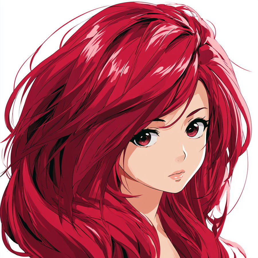 A portrait of an anime-style woman with vibrant crimson red hair and big expressive eyes, showcasing a clean cel-shaded art style and soft feminine features.