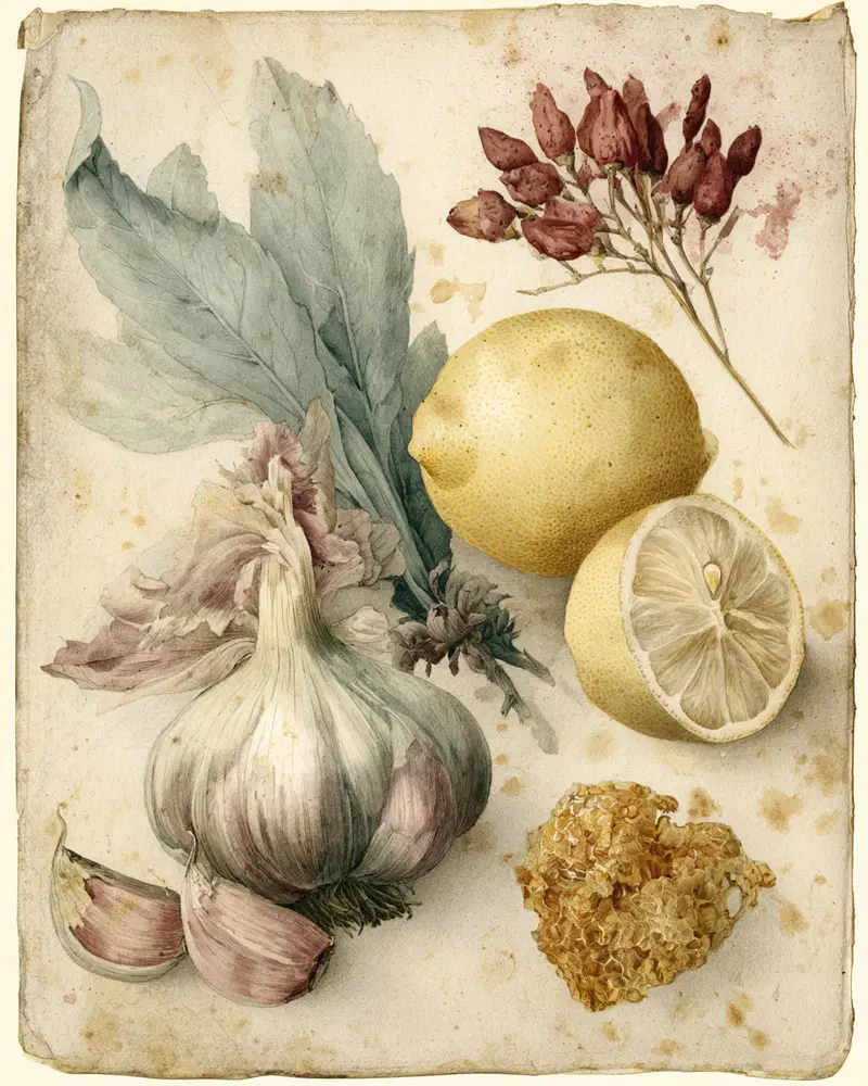 Antique Botanical Illustration of Apothecary Ingredients