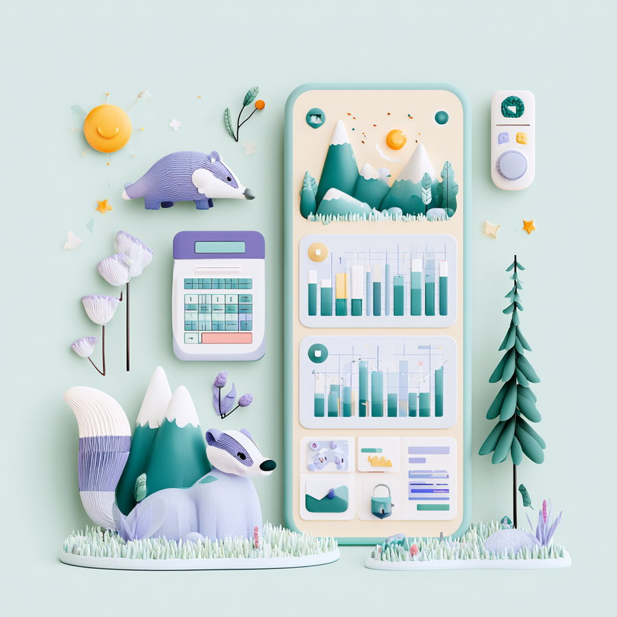 A user interface dashboard for a health app, featuring a badger, fox, and mountainous landscapes, with pastel colors and charts.