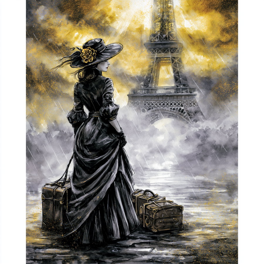 A woman in a black dress with a large flower hat stands in the rain with steampunk suitcases on wet cobblestones, facing the Eiffel Tower in a misty background.