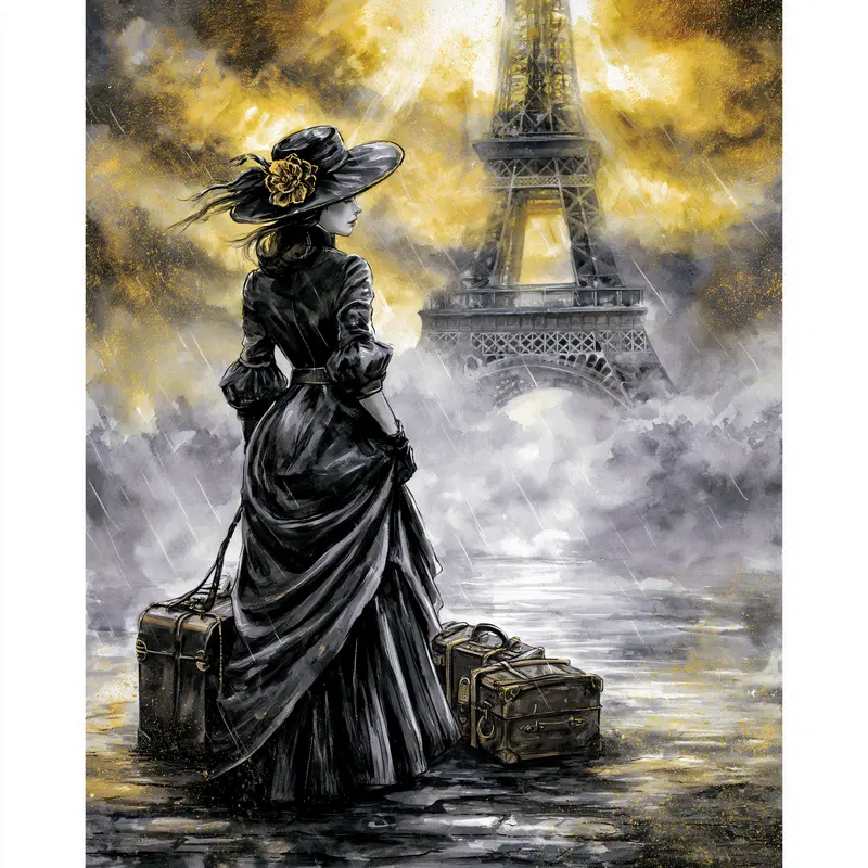 Elegant Woman Under Rain by the Eiffel Tower in Sumi-e Style