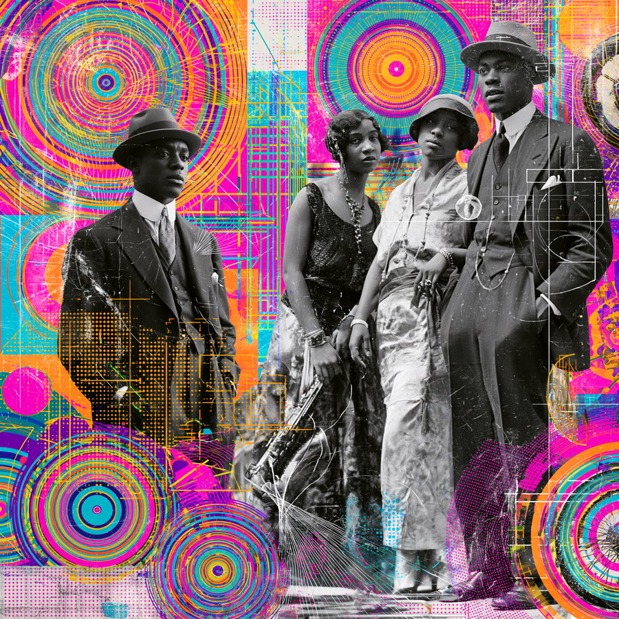 Black and white images of African Americans in early 20th century fashion, set against a colorful, geometric, vibrant backdrop.