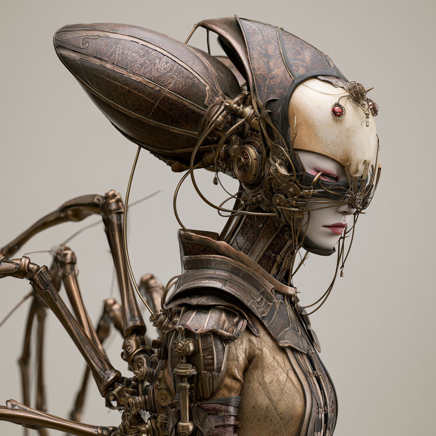 A cyberpunk-inspired female creature with spider legs and a mixed steampunk-organic body, featuring intricate mechanical details and a mask-like face.