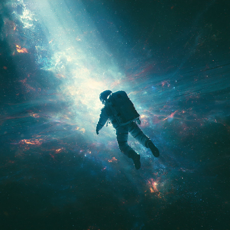 An astronaut floating in space with vibrant cosmic colors surrounding them