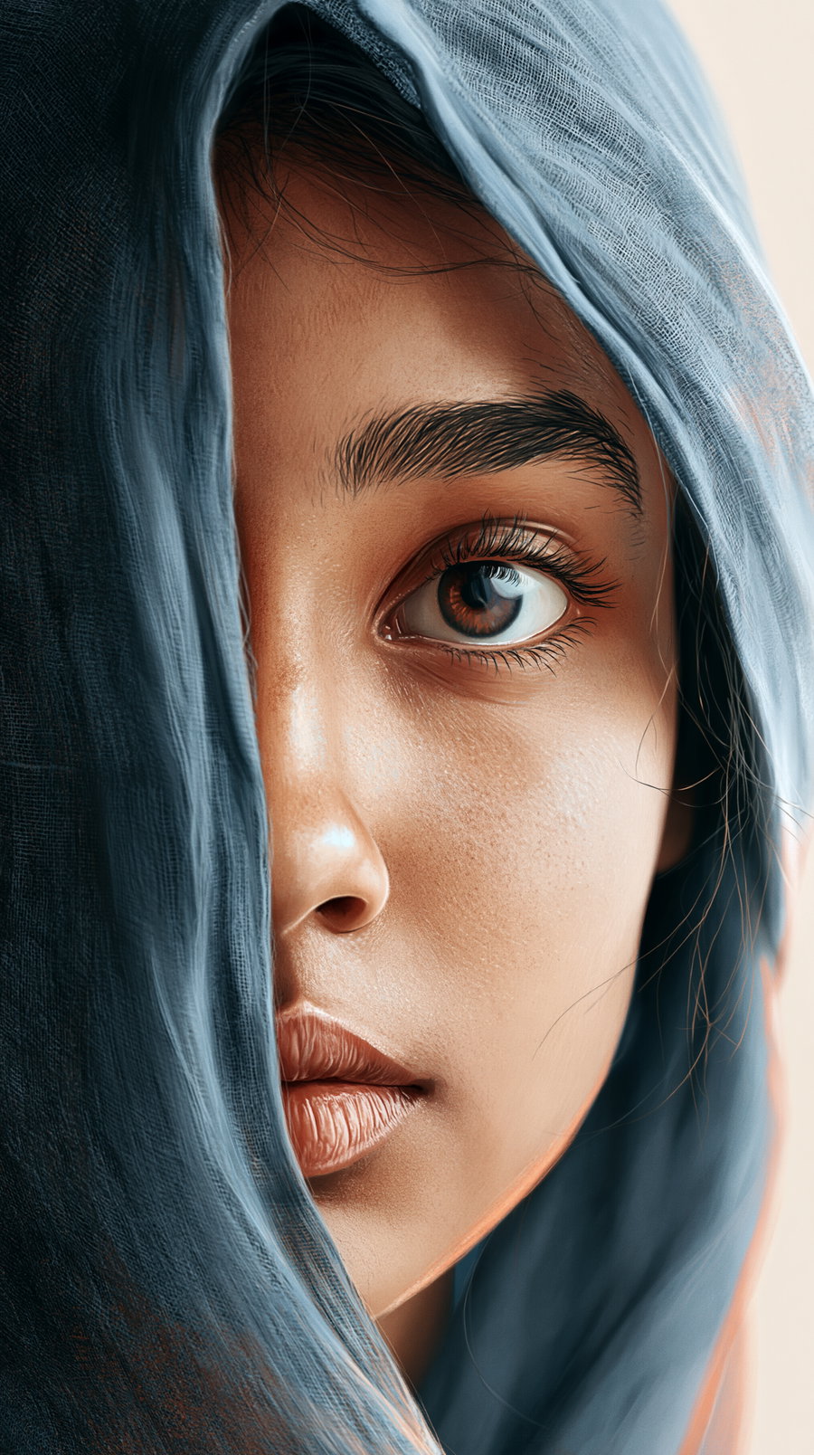 A close-up of a young female's face, partially obscured by a soft, textured blue scarf, showcasing detailed skin texture and large expressive eyes.