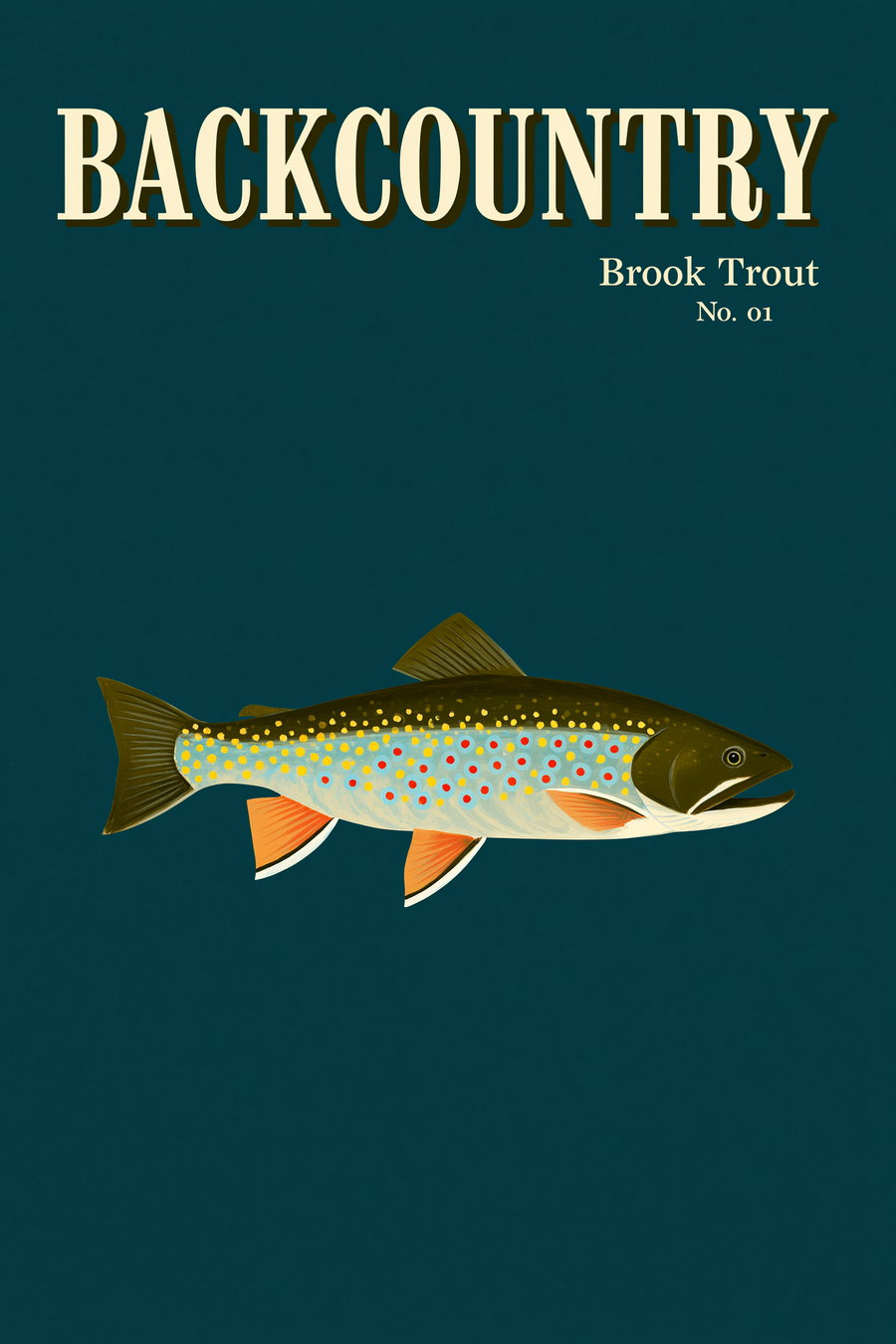 Single mature Brook Trout illustration on a solid Dusty Olive background. The fish has a rich olive green back with pale marbled vermiculations, yellow and vivid orange-red spots. The title 'BACKCOUNTRY' is in large vintage slab serif font at the top.