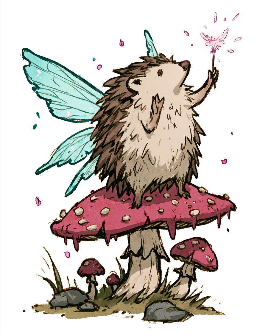 A whimsical hedgehog with fairy wings standing on a large red mushroom surrounded by smaller mushrooms and grass.