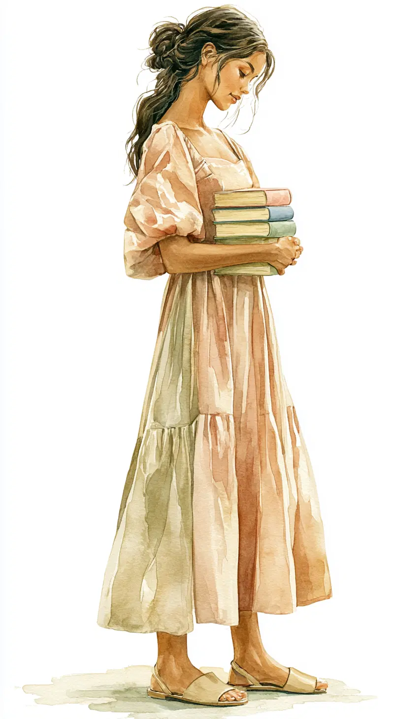 Graceful Young Woman in Blush Pink Dress Holding Books