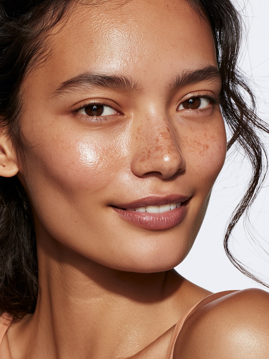 A close-up portrait of a woman with warm olive skin, light freckles, and dark wavy hair, smiling gently against a white studio background with soft lighting.