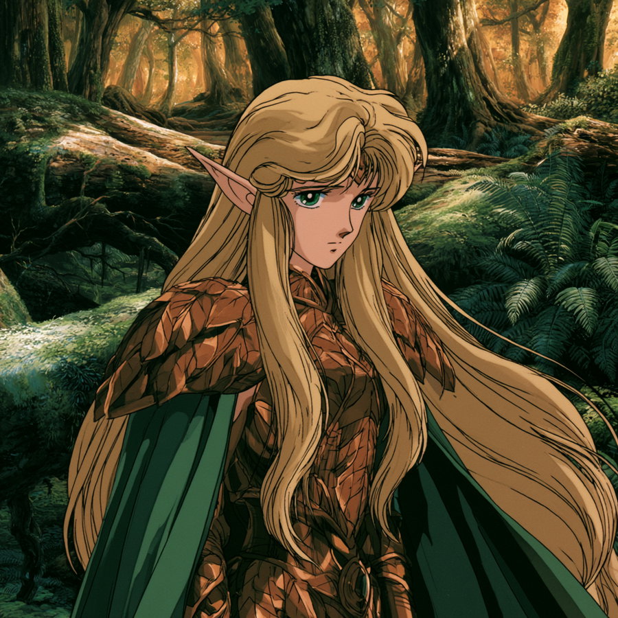 A high elf female with long golden hair and emerald green eyes, wearing leather-and-bronze armor and a forest green cape, stands in a sun-dappled ancient forest with mossy logs and giant ferns.