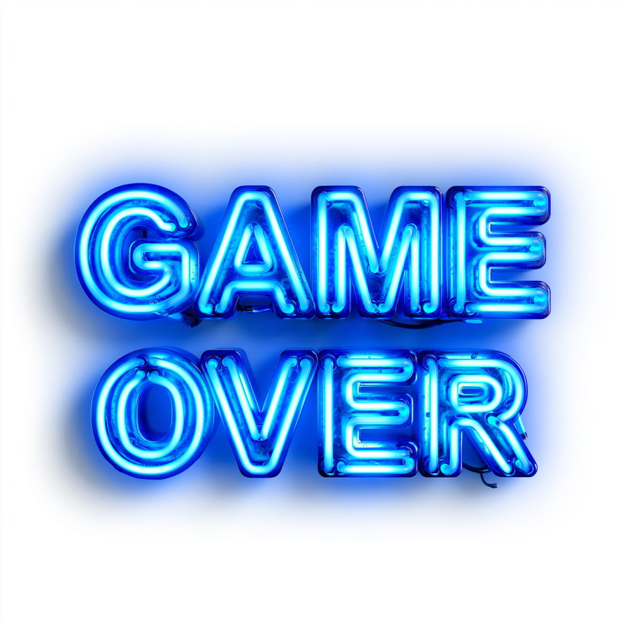 Big bold electric blue neon lights spelling 'GAME OVER' on a white background, glowing tubes, bright electric blue glow, centered composition.