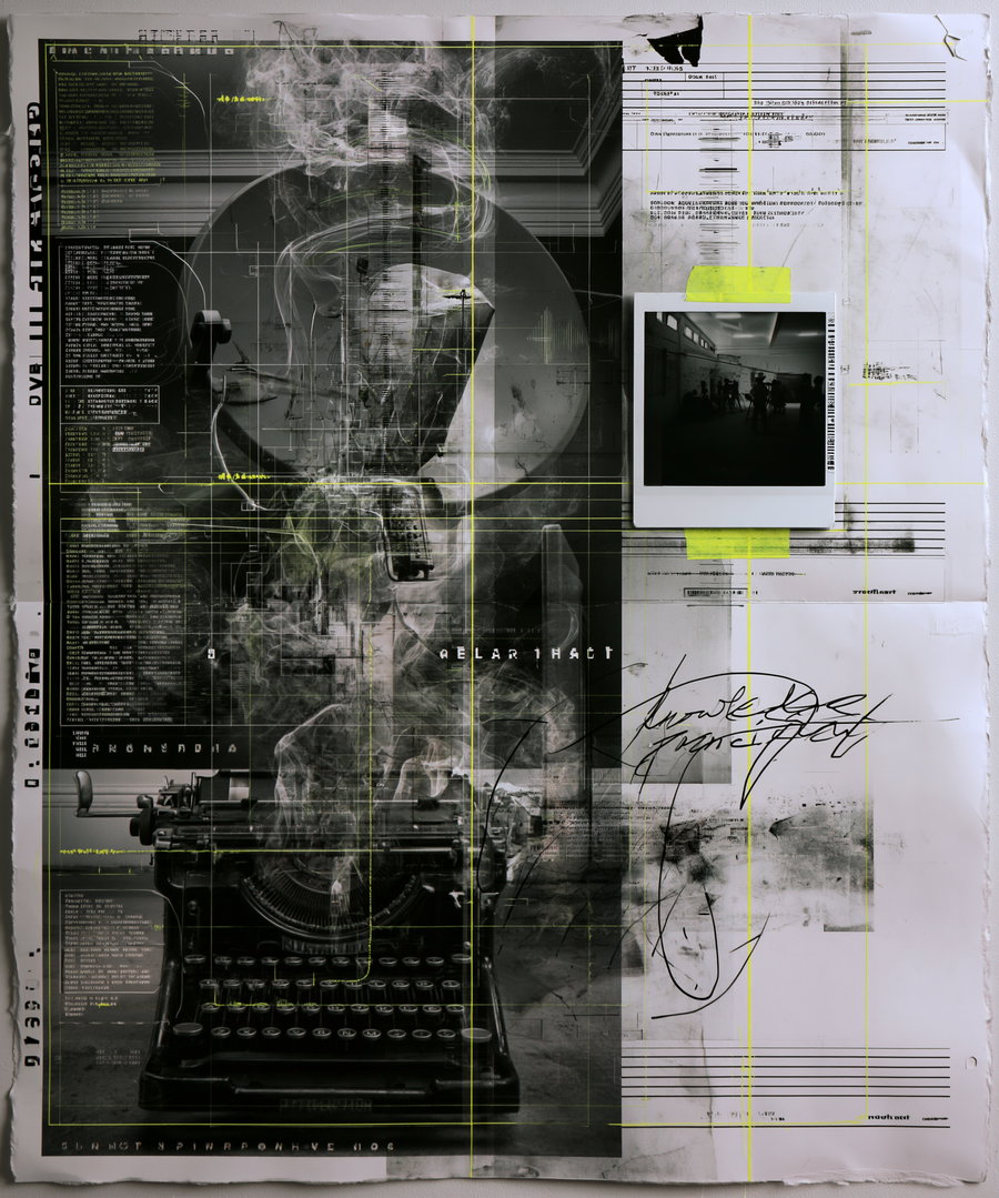 A black and white photocopy art featuring a typewriter, neon lime tape, and a polaroid. The image showcases a mixed collage of signals and handwritten text.