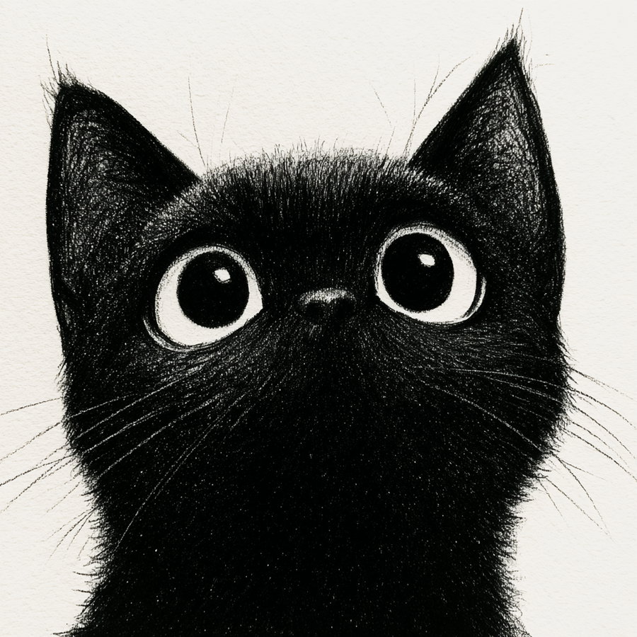 A close-up illustration of a black cat with large, expressive eyes and fluffy ears.