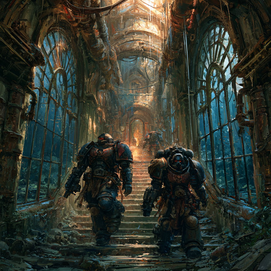 Black Templar Space Marines walking down a wide staircase with large arched windows showing dark blue waters outside, surrounded by old industrial pipes leaking water.