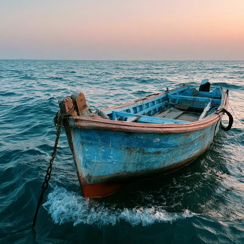 A Serene Sunset Over a Rustic Boat at Sea