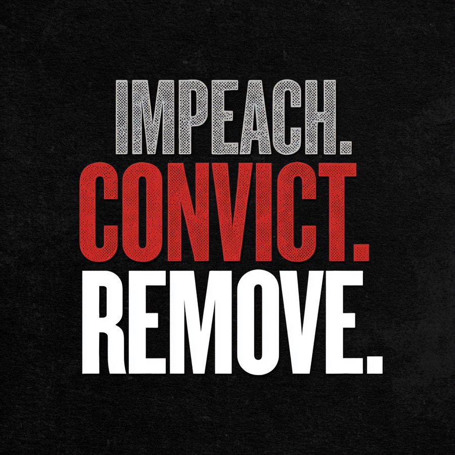 Typography poster featuring the words 'IMPEACH.' 'CONVICT.' 'REMOVE.' stacked vertically in various sizes and contrasts on a matte black background.