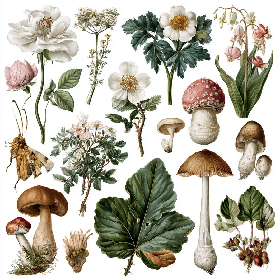 A collection of various plants and fungi, including flowers, leaves, and mushrooms, arranged on a pure white background.