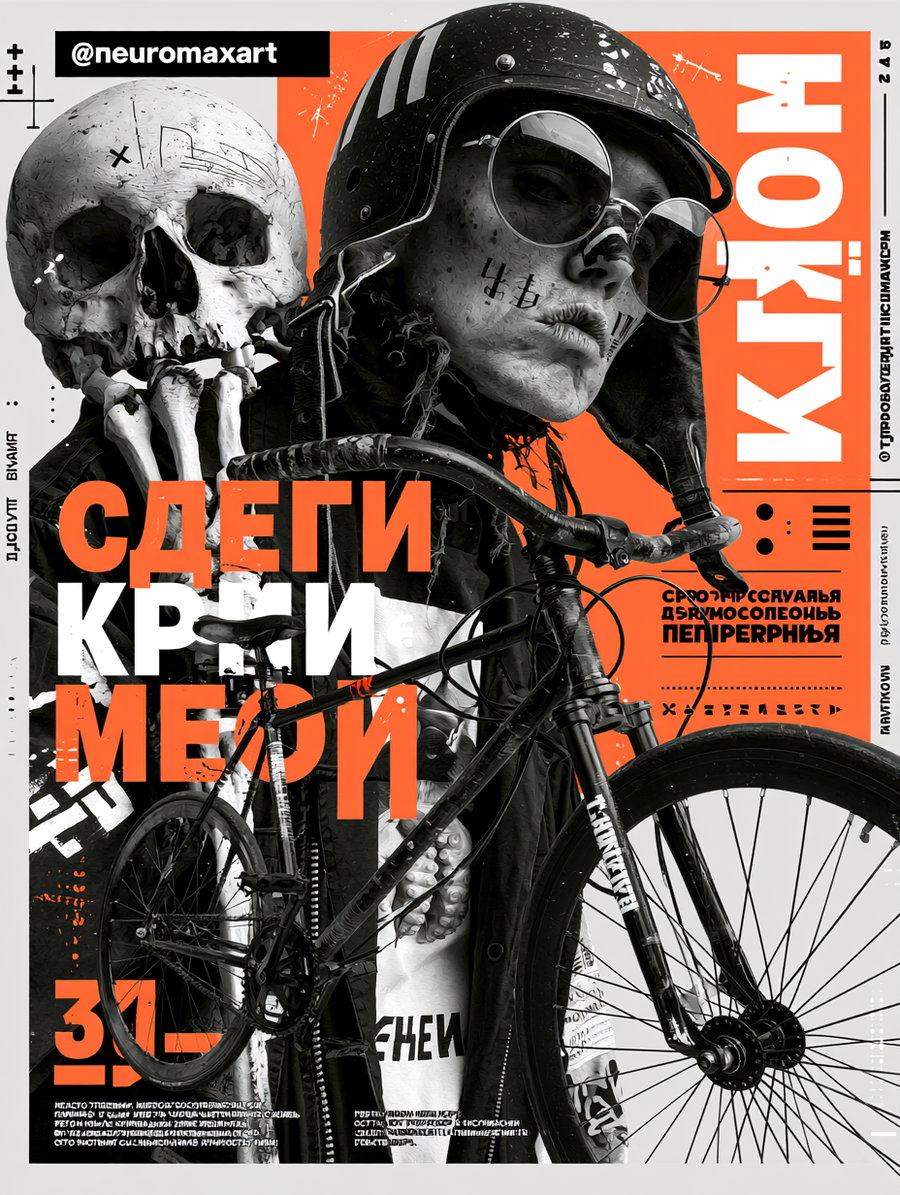 A bold graphic design featuring a skull, a person wearing sunglasses and a helmet, and a bicycle, with high contrast orange and black colors.