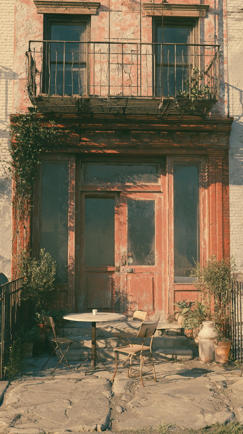 A vintage storefront with a weathered red door and balcony, surrounded by plants, featuring a small round table with two chairs on a stone path.
