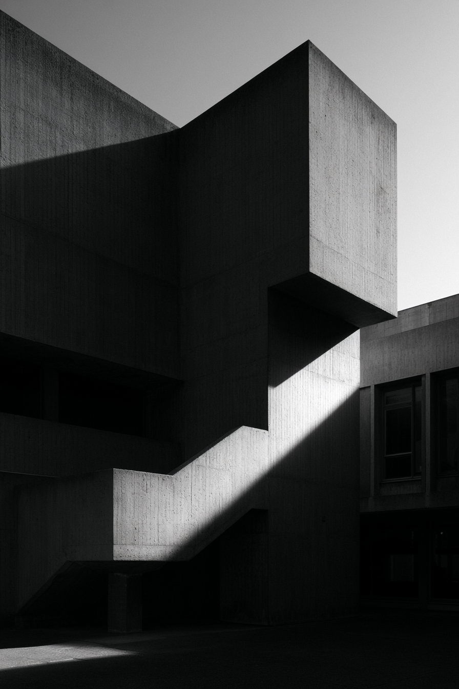 A stark brutalist concrete building showcasing sharp geometric shapes, dramatic natural lighting casting strong shadows, all depicted in black and white.