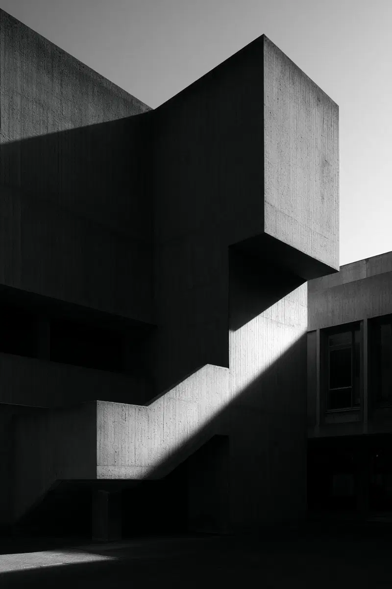 Dramatic Black and White Brutalist Architecture with Geometric Shadows