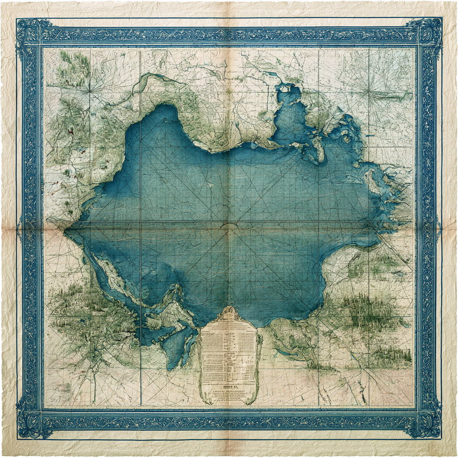 An antique-style nautical map featuring Caroga Lake, detailed with blue water and a decorative border.