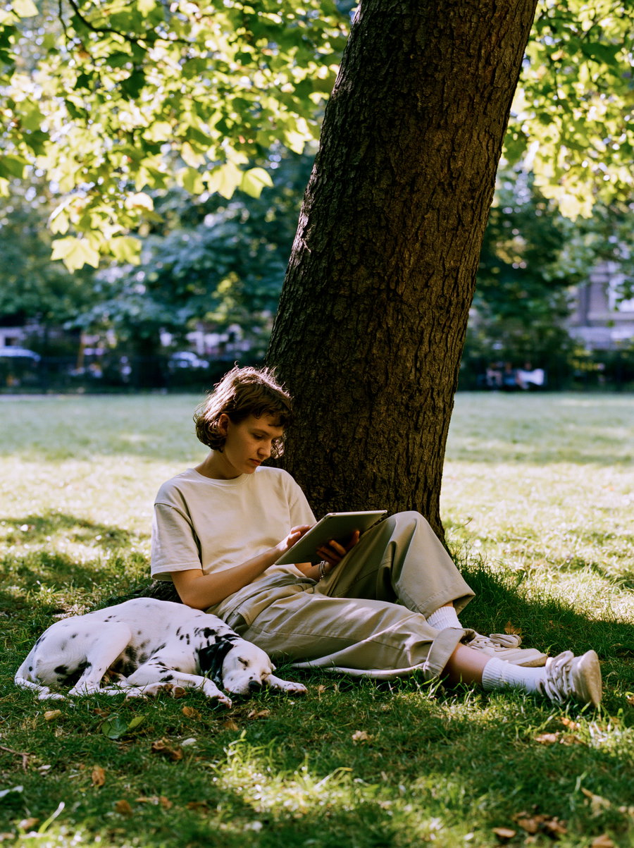 A young woman sitting on grass with an iPad in hand, leaning against a tree, with a dalmatian dog sleeping beside her. Dappled sunlight filters through the leaves, creating a soft, warm atmosphere.