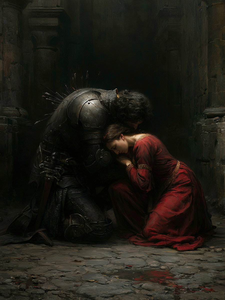 A wounded knight kneeling on the ground, covered in arrows, with a woman in a red dress kneeling beside him, holding his face tenderly.