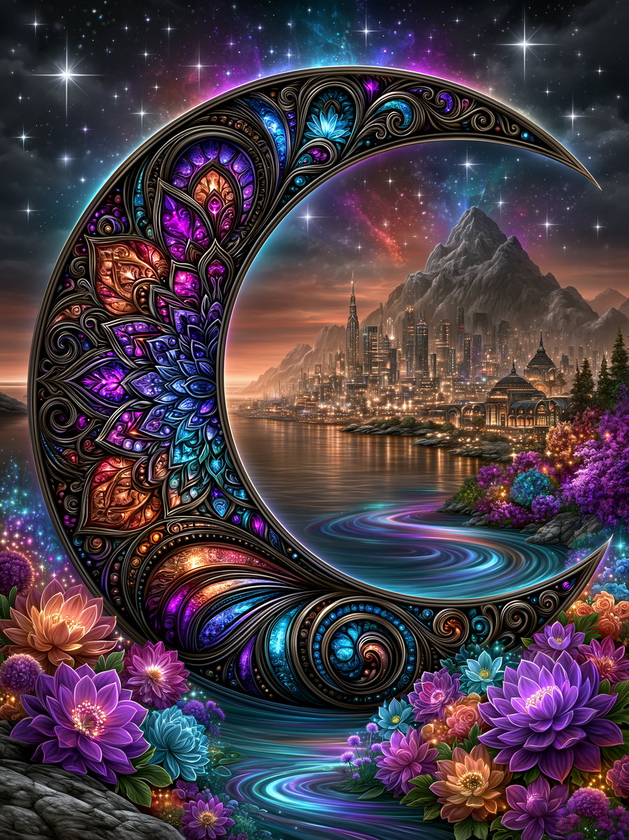 A beautifully intricate crescent moon adorned with vibrant patterns, set against a colorful city skyline by a peaceful lake. Surrounded by lush flowers and a mystical atmosphere.