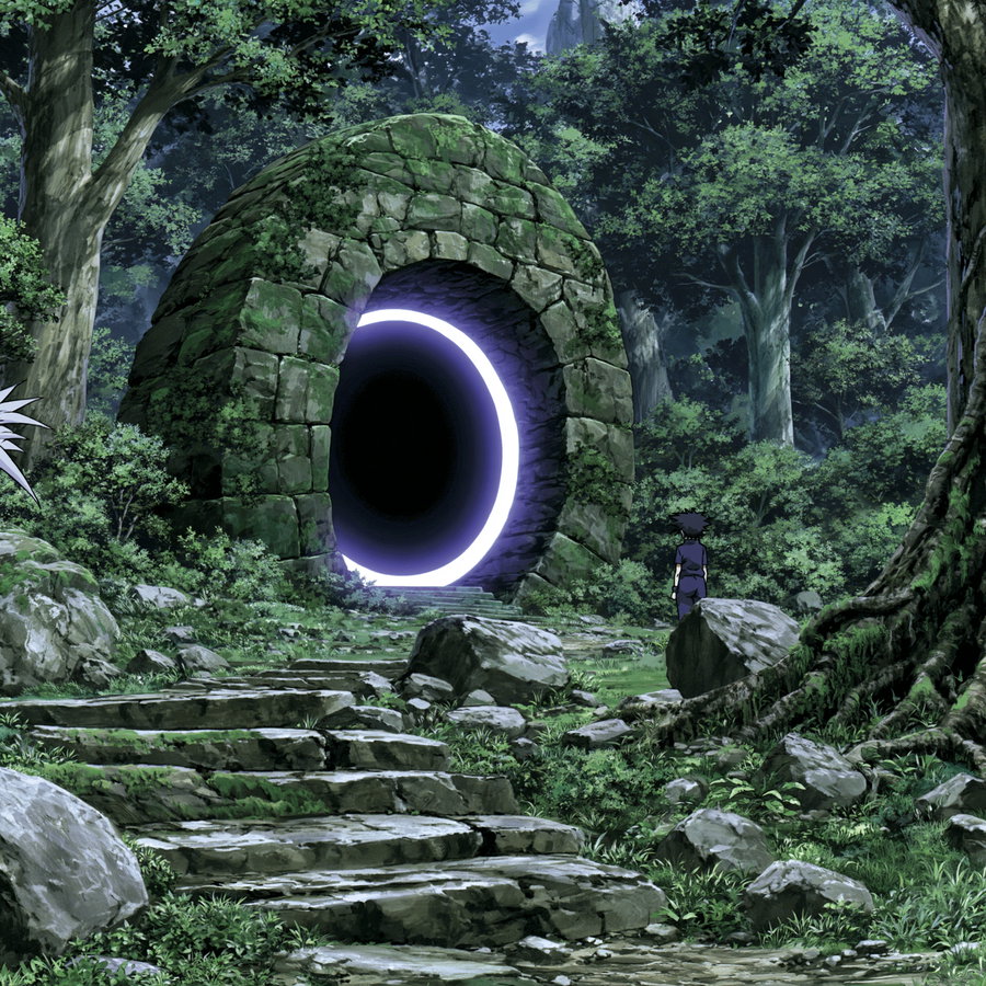 A stone archway glowing with purple light, set in a dense forest with trees and foliage.