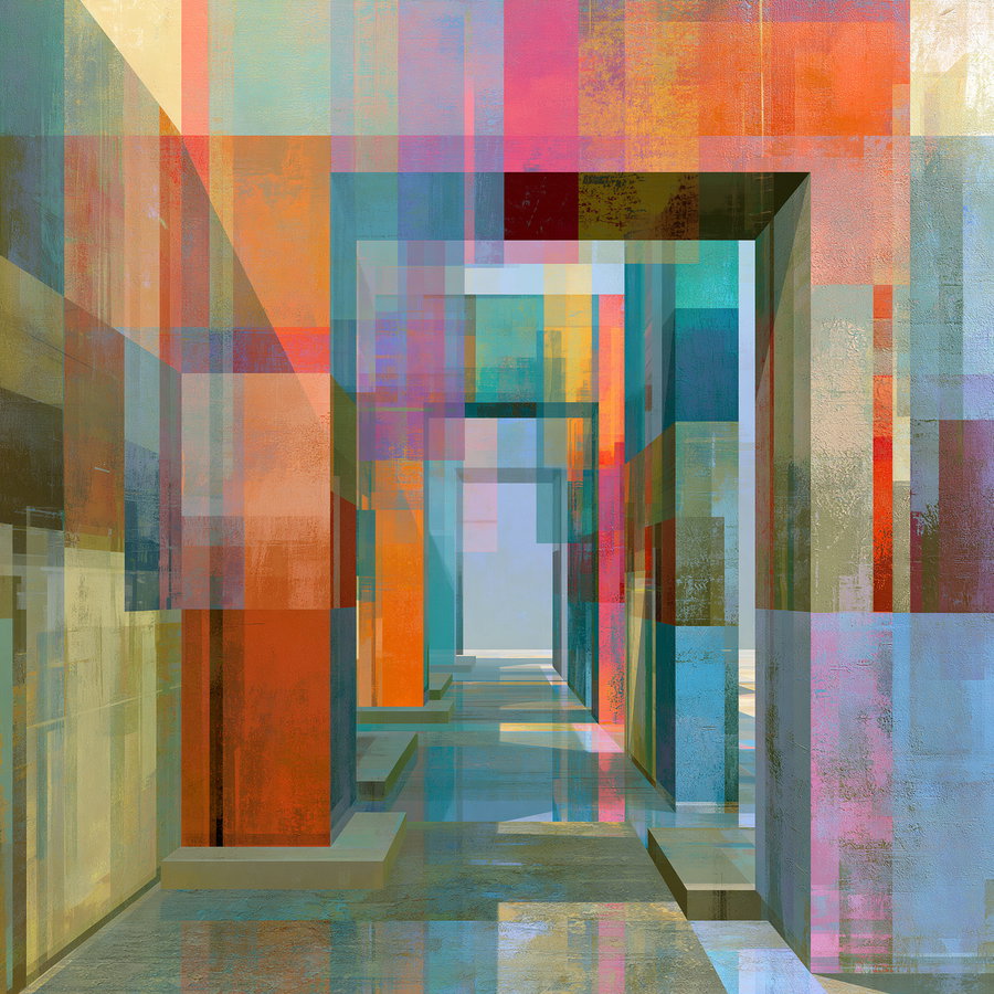 Abstract artwork featuring colorful geometric shapes and passages