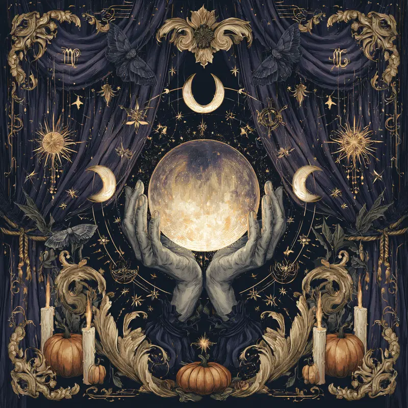 Mystical Fortune Teller Illustration with Zodiac Symbols and Pumpkins