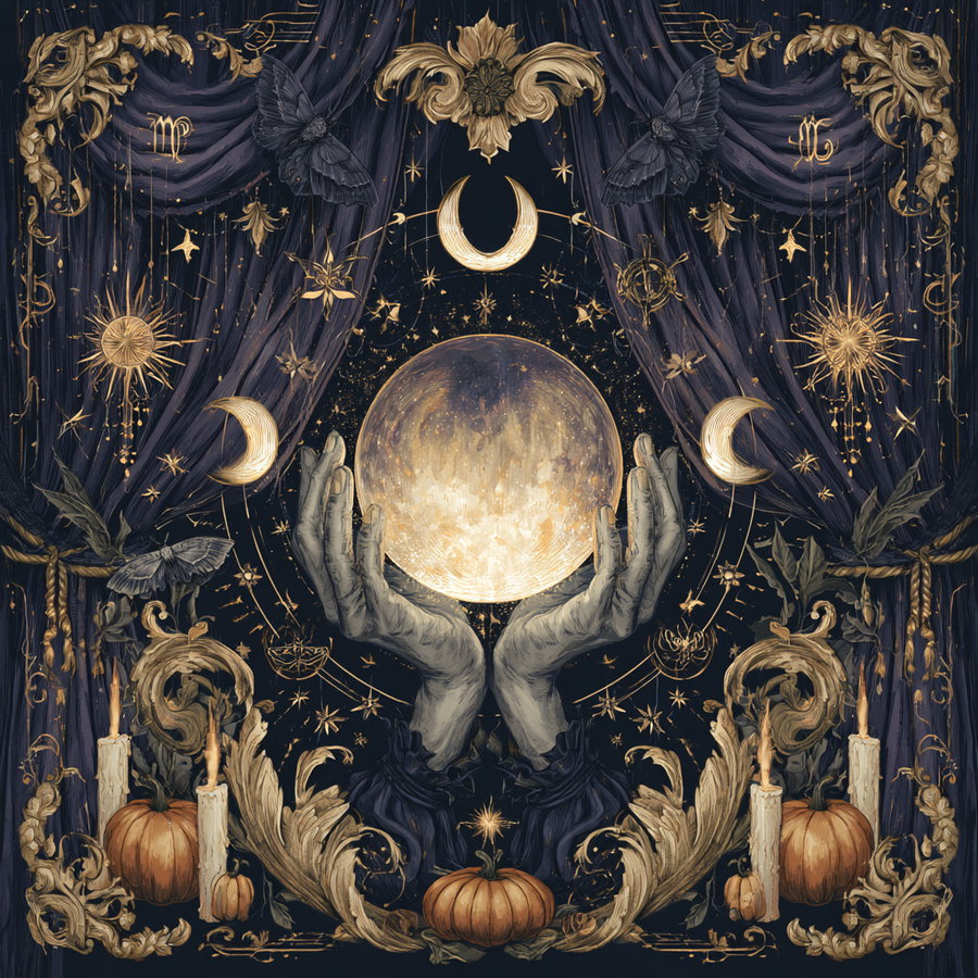 Illustration of hands holding a glowing crystal ball, surrounded by zodiac symbols, crescent moons, stars, moths, velvet curtains, tiny pumpkins, and candles against a deep navy background.