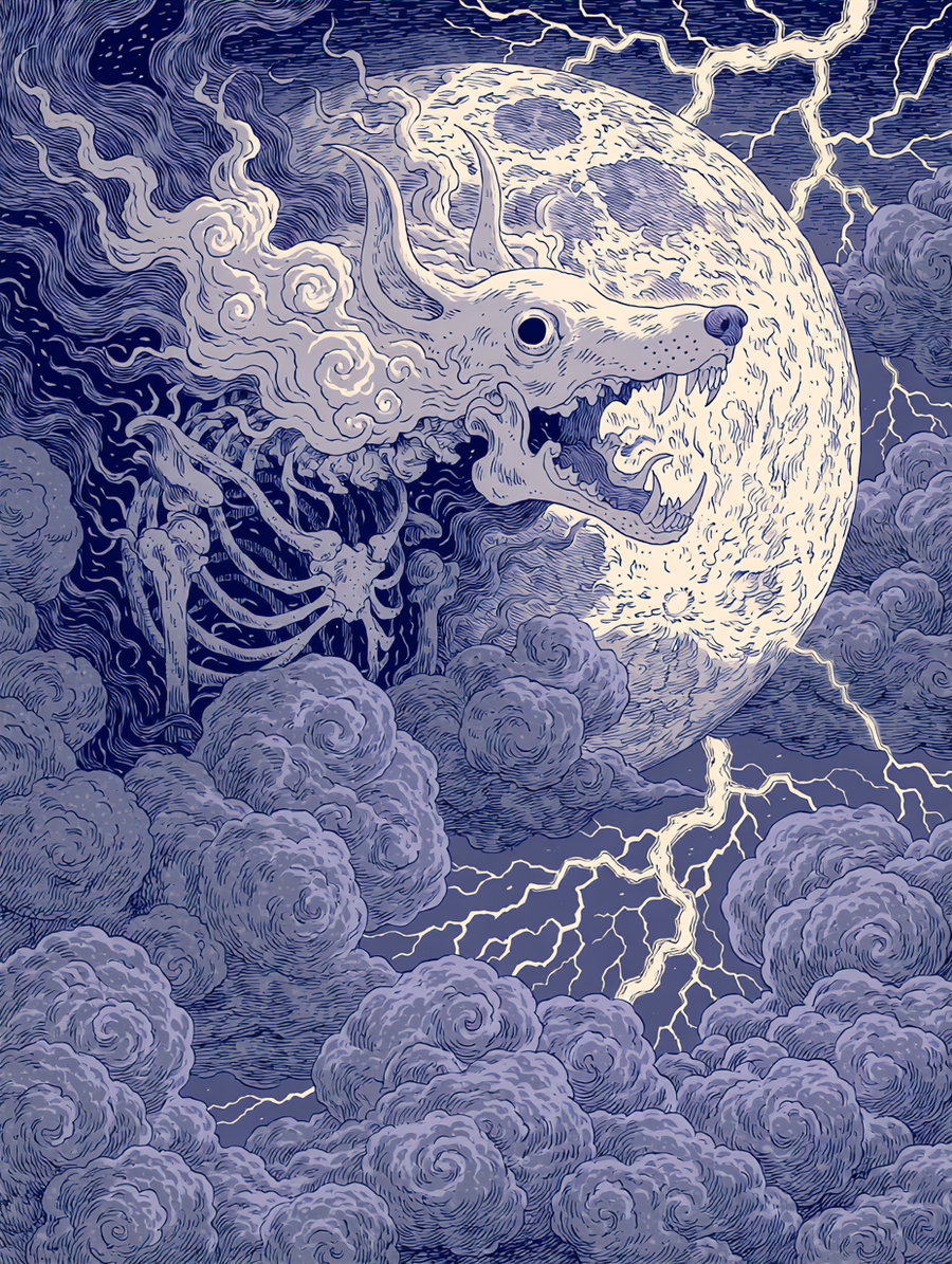 A cartoon-style illustration of a skeletal jackal's head emerging through dark clouds, with a large glowing moon in the background, surrounded by lightning.