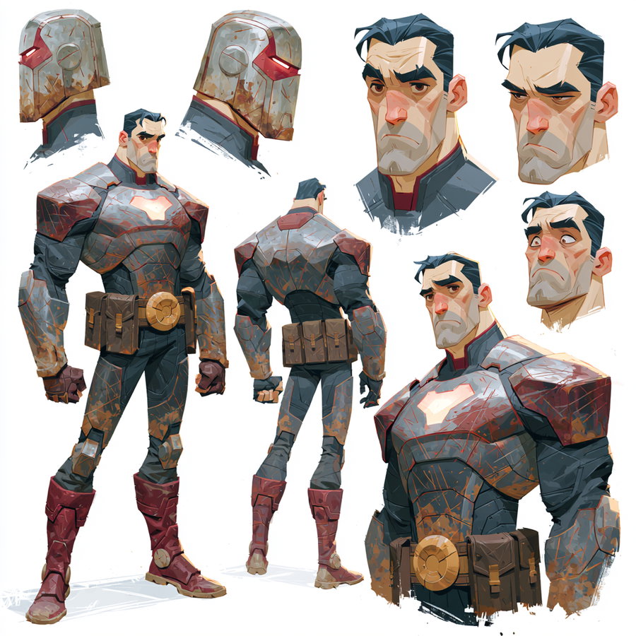 Full body shots and headshots of a male superhero in a metal suit with different expressions, some wearing a helmet, showcasing a utility belt. The design features rough brushstrokes and hand-painted textures against a clean white background.