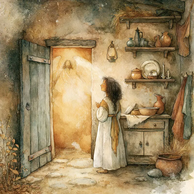 Watercolor Illustration of a Young Woman and an Angel in a Humble Home
