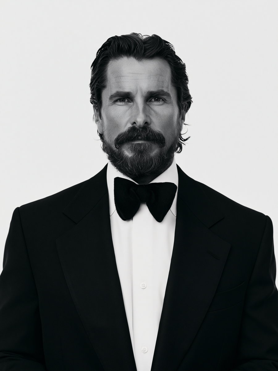 A man with a well-groomed beard and mustache wearing a black tuxedo with a bow tie, captured in a formal portrait style.