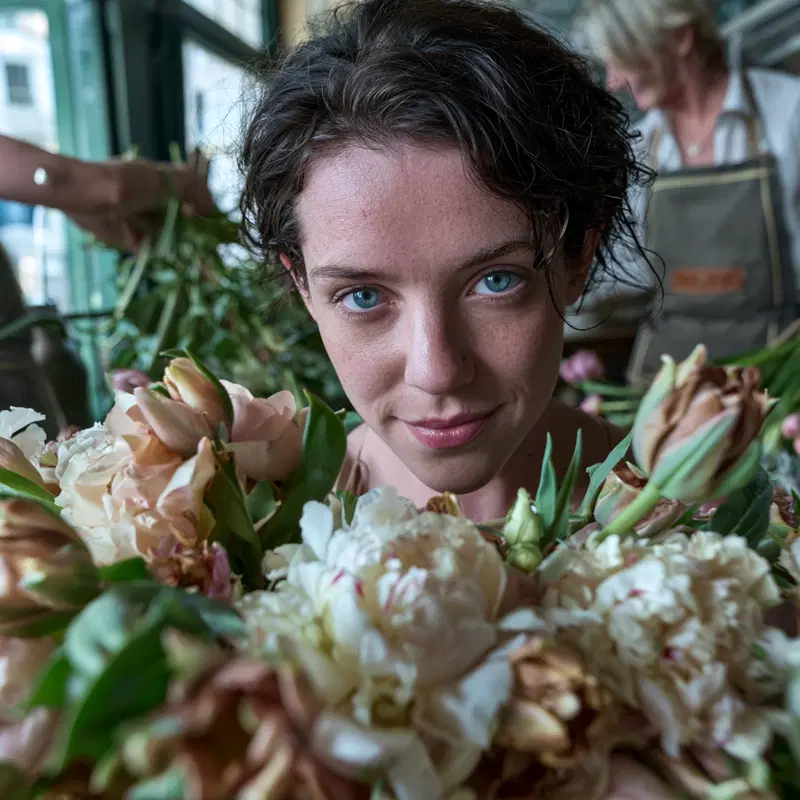 Luxurious Floral Shop Atmosphere with Young Woman and Bouquet