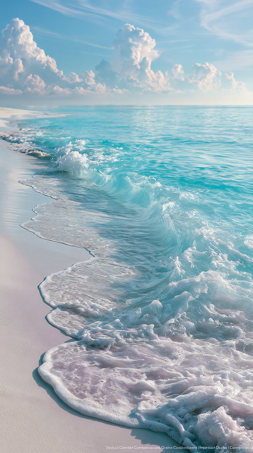 A peaceful tropical beach with turquoise ocean water, soft waves lapping at the clean white sand, and bright clouds in a blue sky.