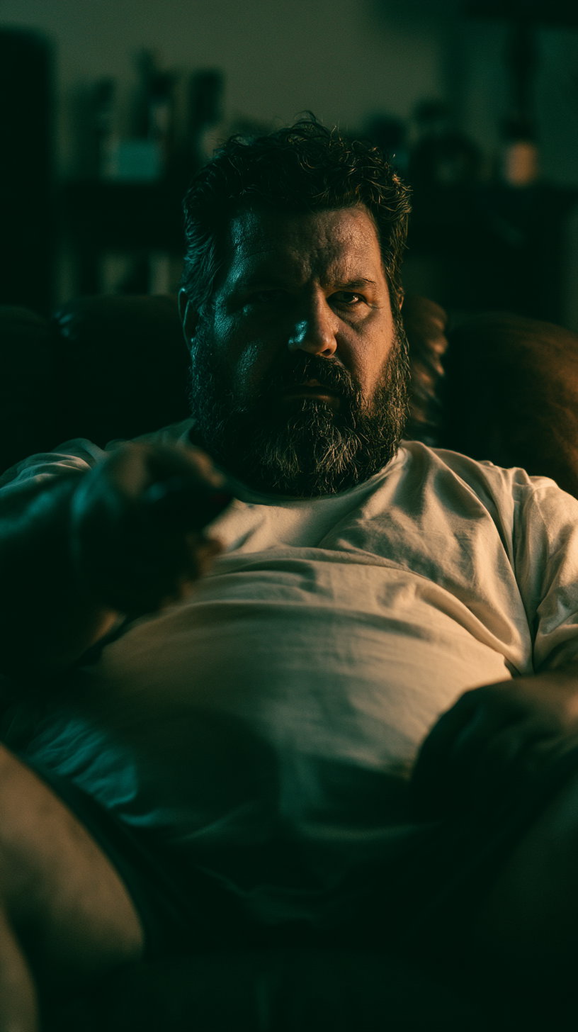 A middle-aged man with a beard sits in a lazy boy chair in a dimly lit room, holding a TV remote control aimed at the viewer. He has a serious expression, wearing a white shirt and shorts, surrounded by blurred shadows and hints of furniture.
