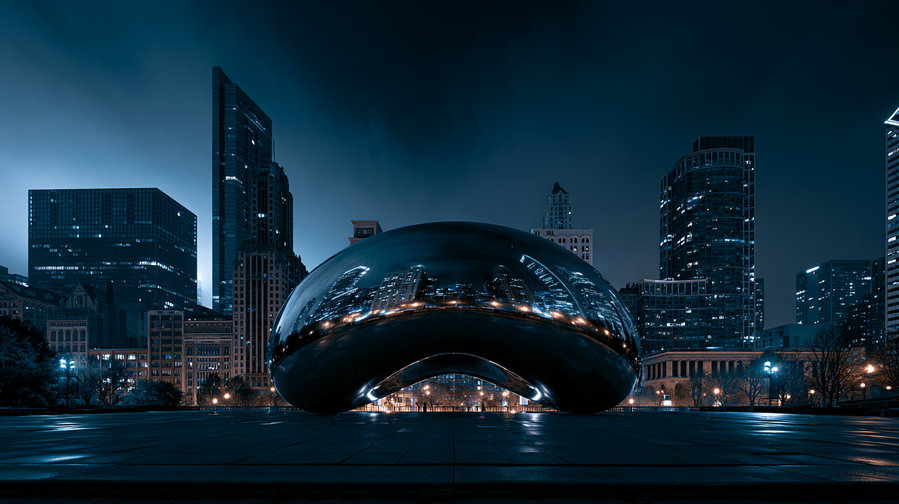 A full color night view of Cloud Gate in Millennium Park, reflecting the Chicago skyline, with dense skyscrapers and night tones.
