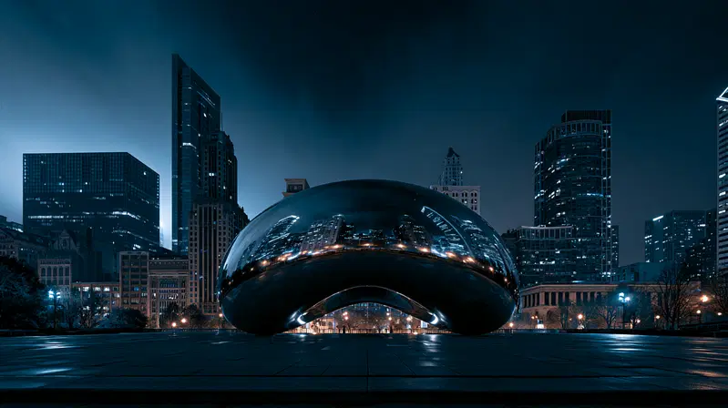 Cinematic Night View of Chicago's Cloud Gate and Skyline