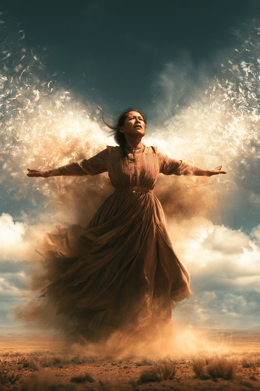 A Bolivian woman with medium tan skin and dark brown hair stands in an open landscape. She is wearing a long dress, which is swept by strong wind, creating a dramatic effect. The background features epic clouds and a burst of feathers and dust behind her as she opens her arms, expressing pain and determination.
