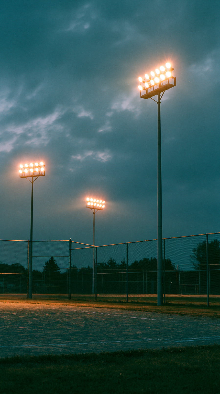 Tall stadium light towers glowing against a deep teal-green dusk sky.