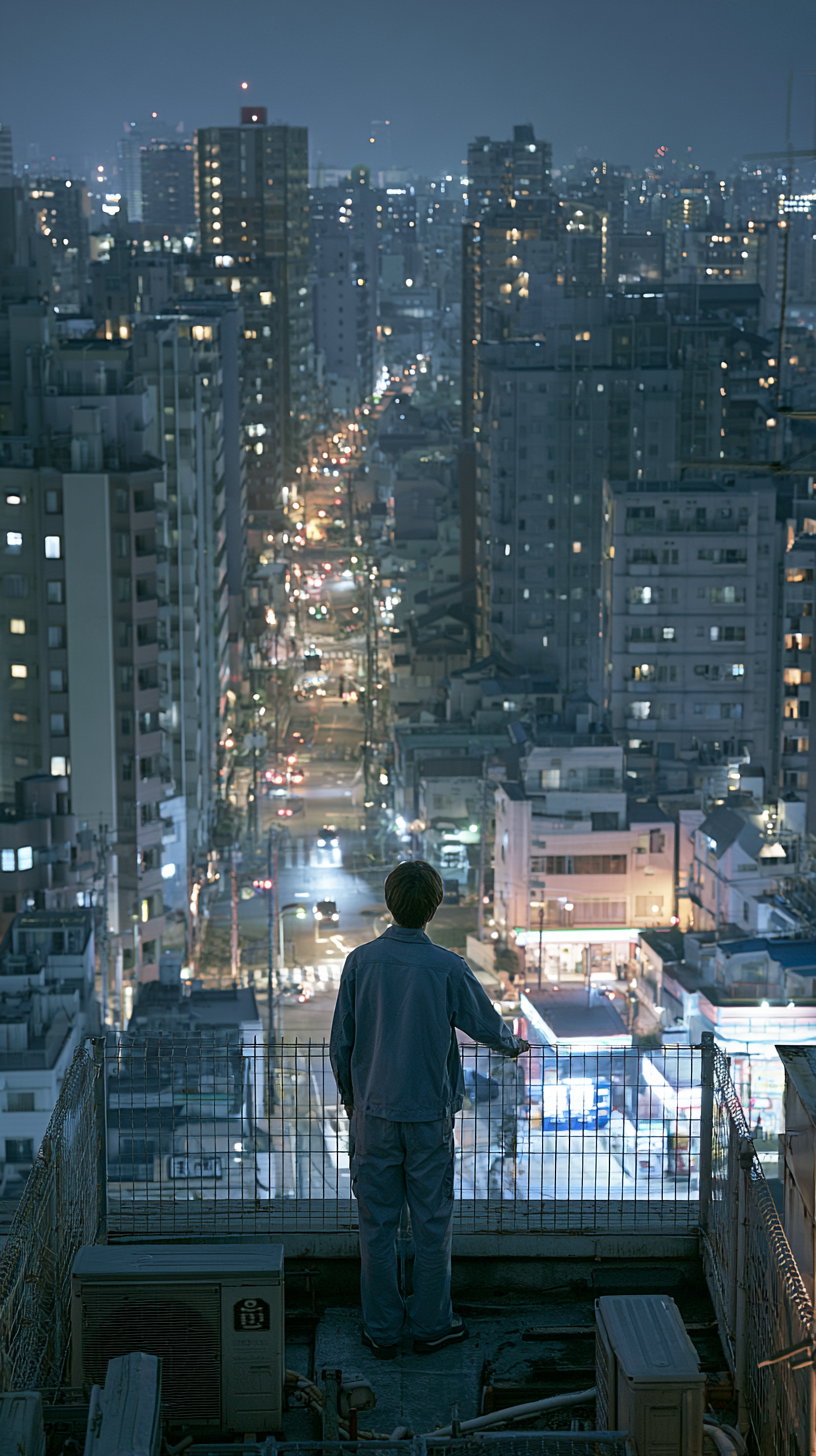 An adult Japanese man in a plain blue gray work jacket stands on a high rise rooftop at night, viewed from behind. He leans against a rooftop fence, gazing at a dense Japanese urban landscape filled with apartment and office buildings, warm glowing windows, streetlights, and a hint of urban haze.