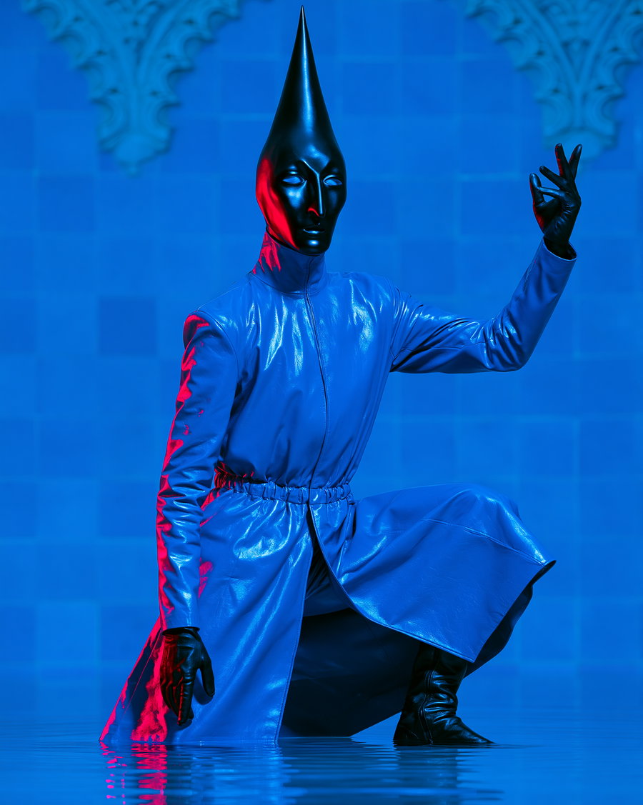 A mysterious figure wearing an abstract mask and a shiny blue coat, posed dynamically on shallow still water, against a dusk blue tiled background.