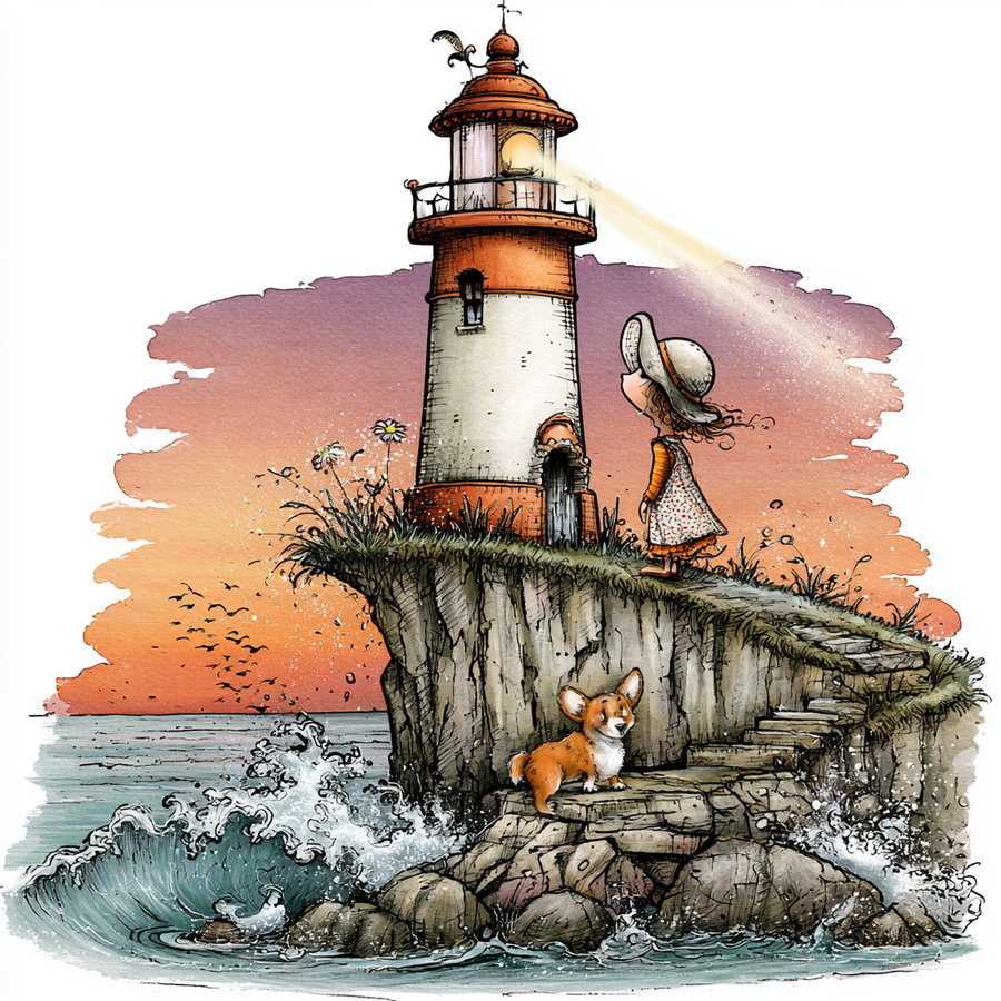 A girl in a floppy hat and patterned dress stands near a lighthouse's lantern beam on a clifftop, while a corgi sits alert on rocks beside crashing waves, and birds fly in the distance against a colorful sky.