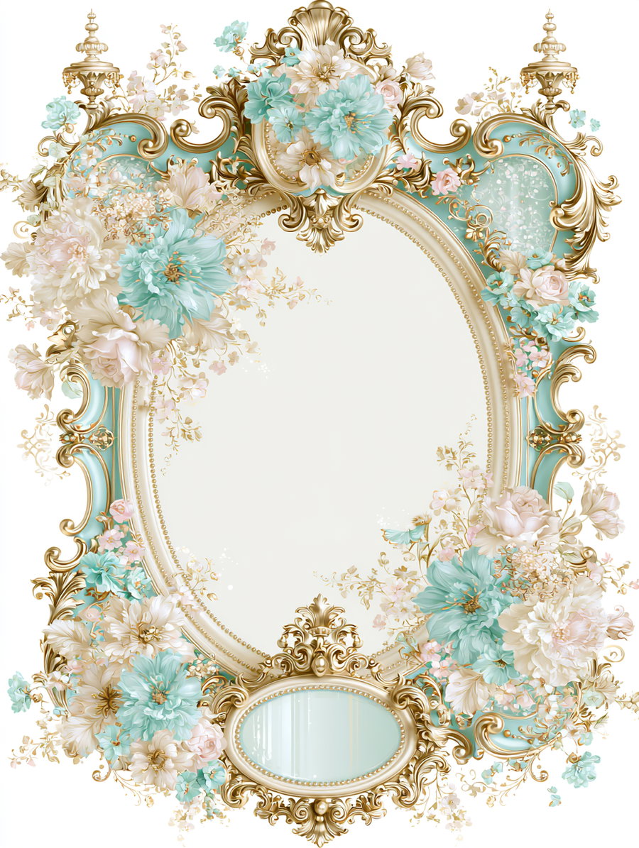 A rococo gold frame adorned with light sky blue and ivory flowers, symmetrical design, isolated on a white background.