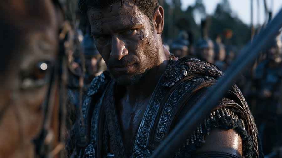 Close-up of a muscular man in ancient armor, drawing a sword with intense expression, a horse's eye visible nearby, army in the background, morning light