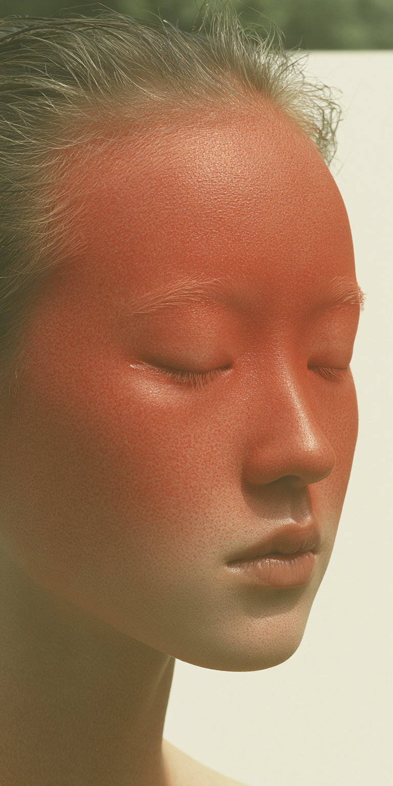 A close-up portrait of a woman with glossy red skin, wet hair combed back, and a bored expression, set against a white background. The focus is on realistic skin details, showing imperfections like freckles and scars.